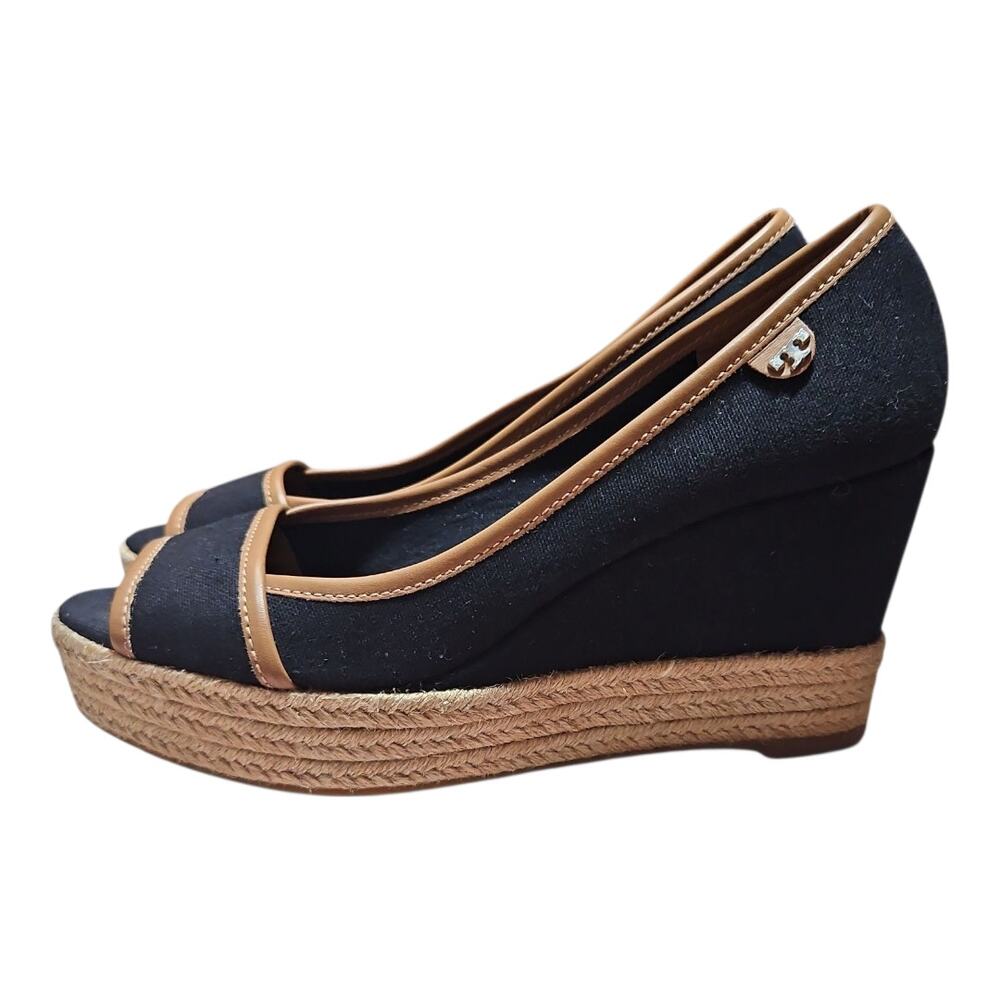 Tory Burch Majorca Espadrille Wedge Women's Size 8 Black Brown Peep Toe EU 38 - Picture 7 of 10